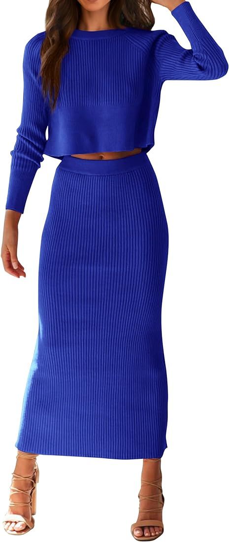 Women's Fall 2 Piece Sweater Set Rib Knit Long Sleeve Crop Top Maxi Bodycon Skirt Casual Outfits ... | Amazon (US)