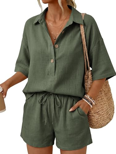 APAFES Women's 2 Piece Linen Short Sets Summer Casual Button Down Shirt Matching Shorts Lounge Beach Outfits with Pockets(DarkGreen-S) | Amazon (US)