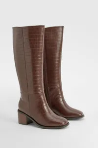 Boots | Wide Fit Croc  Block Knee High Boots | boohoo | Debenhams UK
