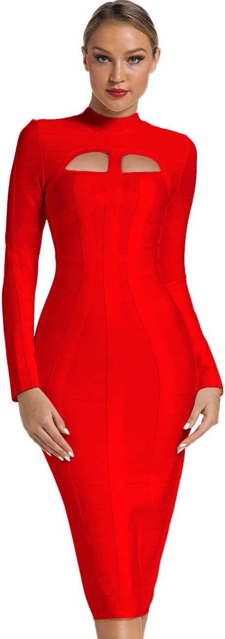 UONBOX Women's Sexy Cut Out Long Sleeves Midi Bodycon Party Bandage Dress | Amazon (US)
