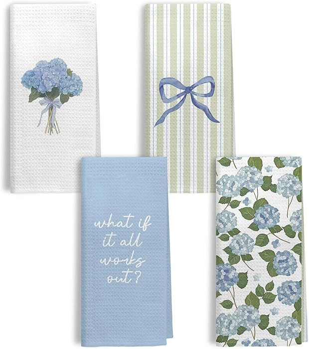 Inspirational Coquette Blue Bow Hydrangea Floral Kitchen Dish Towels, Sage Green Striped Flower D... | Amazon (US)