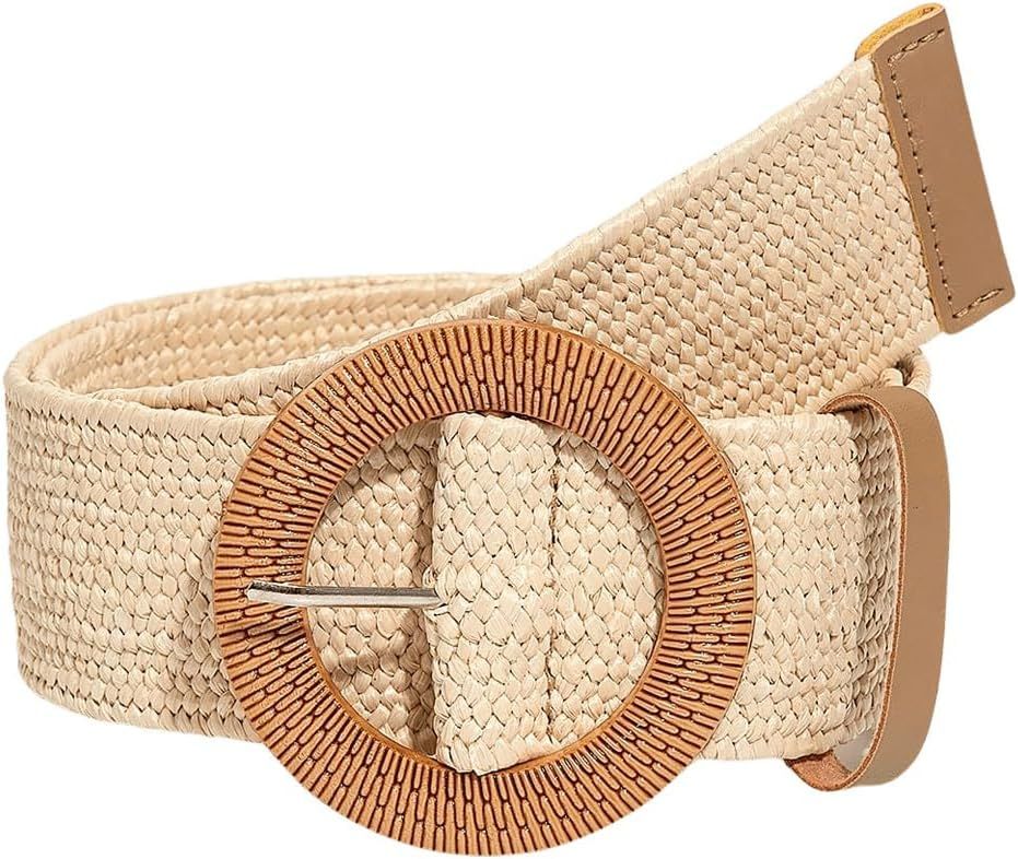 Verdusa Women's Round Buckle Elastic Straw Belts Boho Waist Belt | Amazon (US)