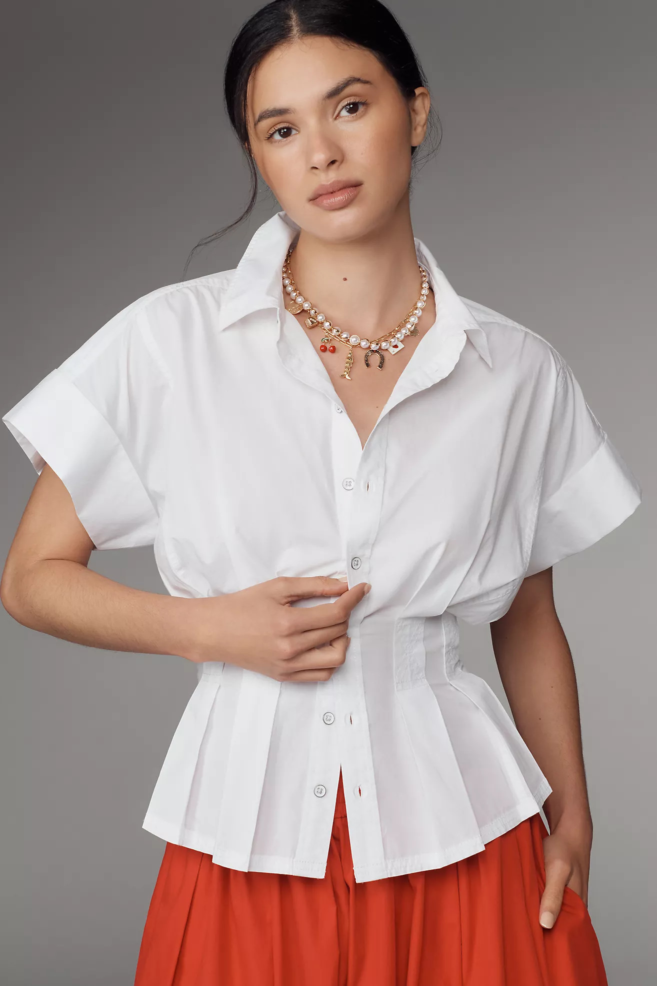 Pilcro Short-Sleeve Collared Fitted-Waist Blouse | Anthropologie (US)