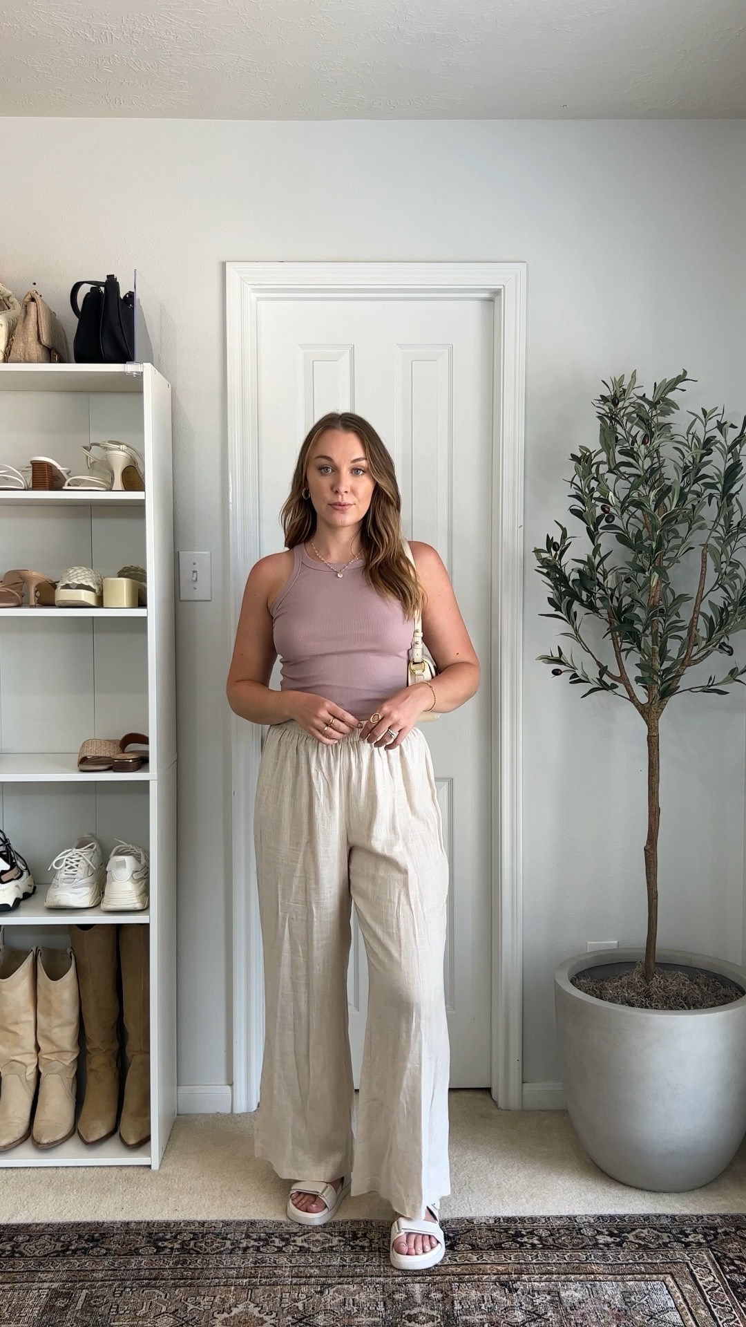 "what to wear to..." inspired by YOU! I'll be dropping a question box weekly to get your requests, so stay tuned in stories! Today's look: church 🤍 outfit details are below!⁠
⁠
- tank top, earrings + bag @amazonfashion ⁠(M)
- linen pants @princesspollyboutique (LINDSEY20)⁠ (8)
- sandals @stevemadden⁠
.⁠
.⁠
.⁠
.⁠
trendy women's fashion, trendy outfit, church outfit, Pinterest outfit, amazon fashion finds, summer style, styling reels, outfit of the day. #churchoutfit #transitionaloutfit #casualoutfitsdaily 

#LTKunder100 #LTKunder50 #LTKstyletip