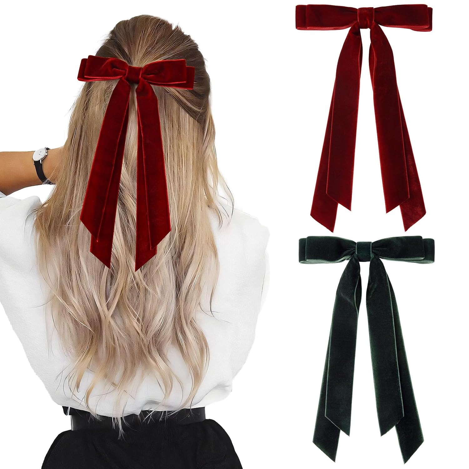 2PCS Velvet Hair Bows Ribbon Hair Clip Wine Red Green Accessories Ponytail Holder Accessories Slides Metal Clips Hair Bow for Women Girls Toddlers Teens Kids | Amazon (US)