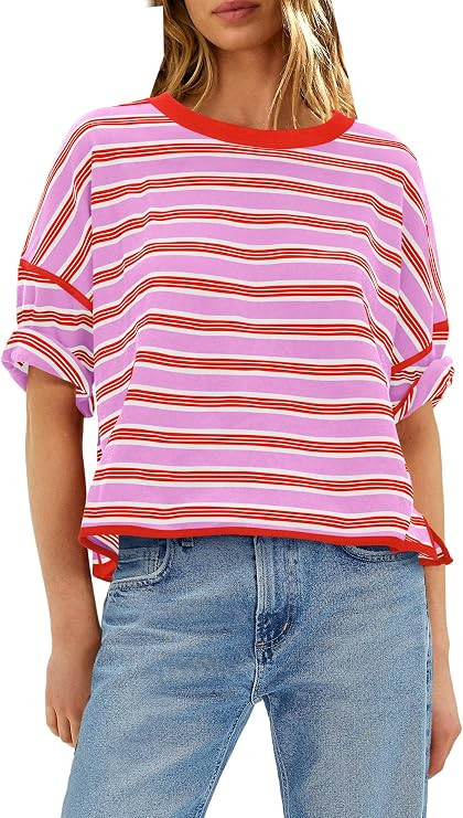 LAMISSCHE Womens Striped T Shirts Short Sleeve Tops Oversized Tee Shirts | Summer Shirts, Cropped... | Amazon (US)
