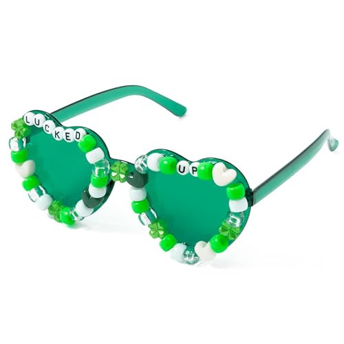 PANTIDE St. Patrick's Day Lucked Up Sunglasses - Green Shamrock Irish Clover Beads Heart Shaped Sunglasses, Saint Patrick's Day Costume Party Favors Glasses Accessories, Birthday Gift for Women | Amazon (US)
