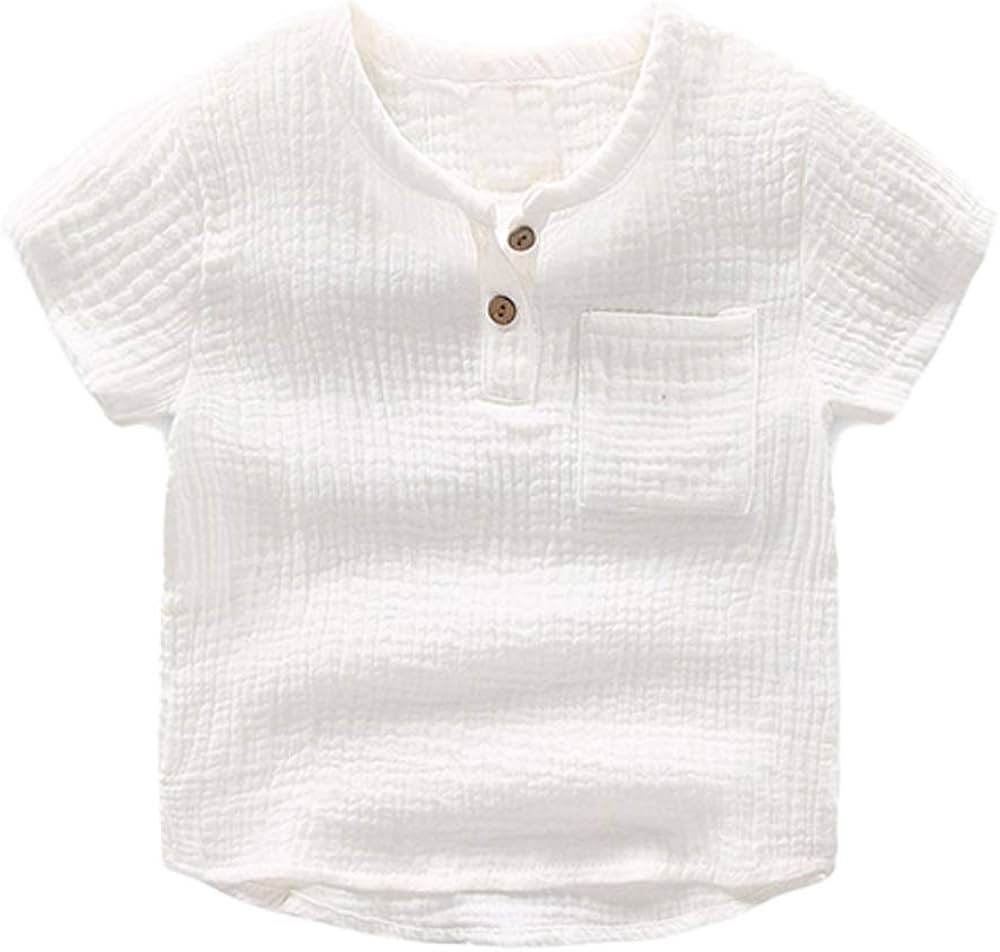 Ashmyova Boys Cotton Linen Shirt Toddler Boys Pocket Button Short Sleeve T Shirt Tees Tops | Amazon (US)