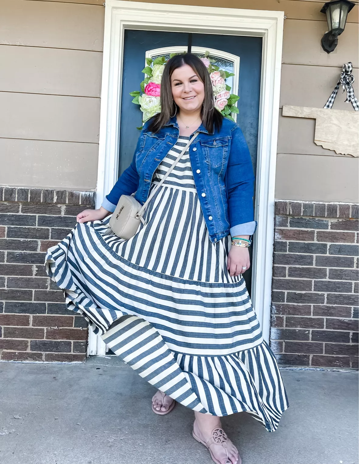 Plus Size Casual Loungewear Dress, Women's Plus Monogram & Striped