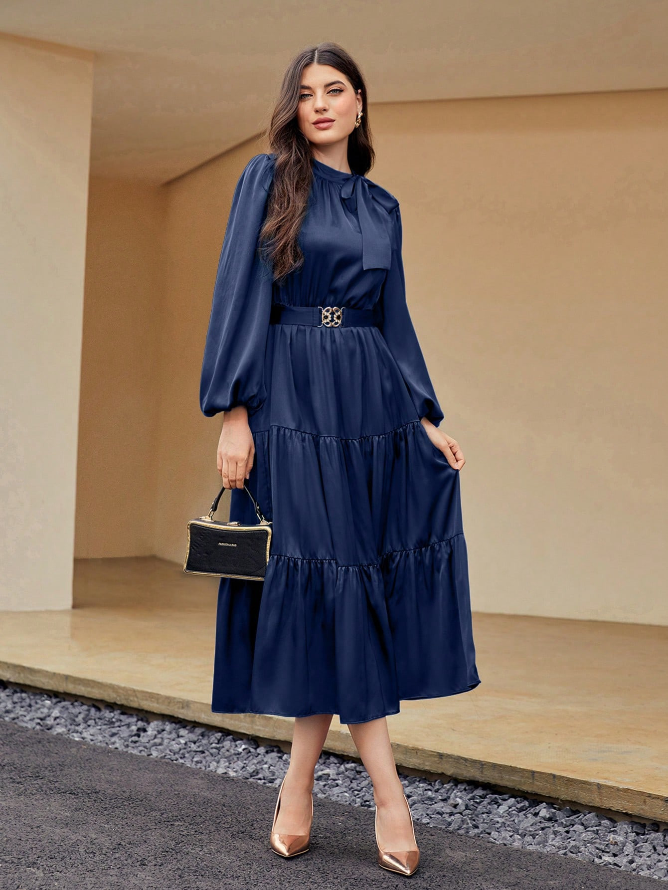 SHEIN Modely Tie Neck Lantern Sleeve Ruffle Hem Belted Dress | SHEIN