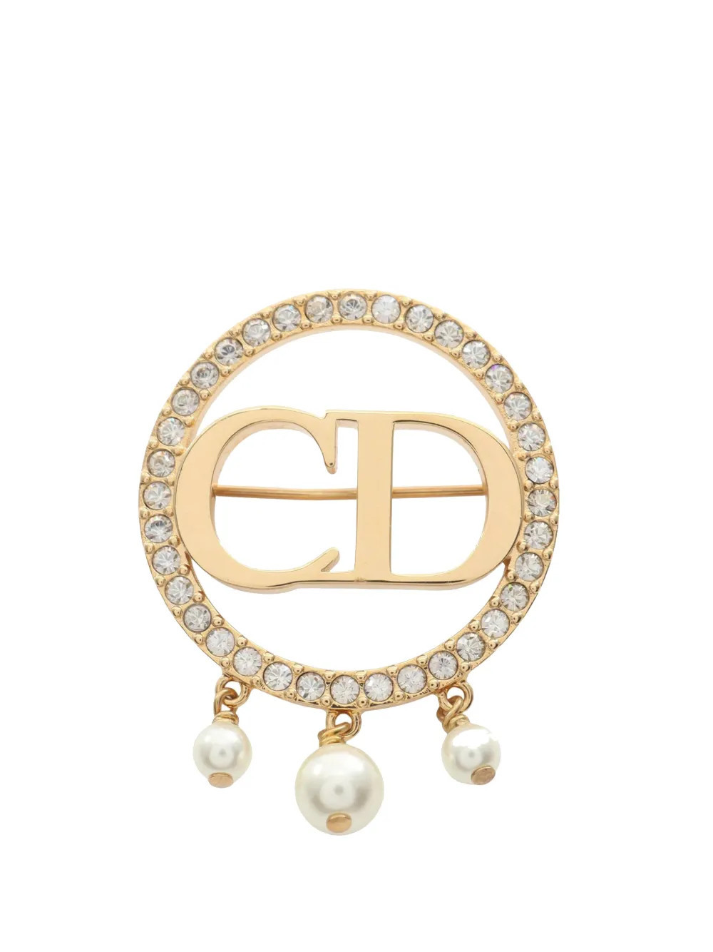 Christian Dior Pre-Owned 2000-2015 Gold Plated Faux Pearl and Rhinestone CD Logo Round Brooch costume brooch - White | Farfetch Global