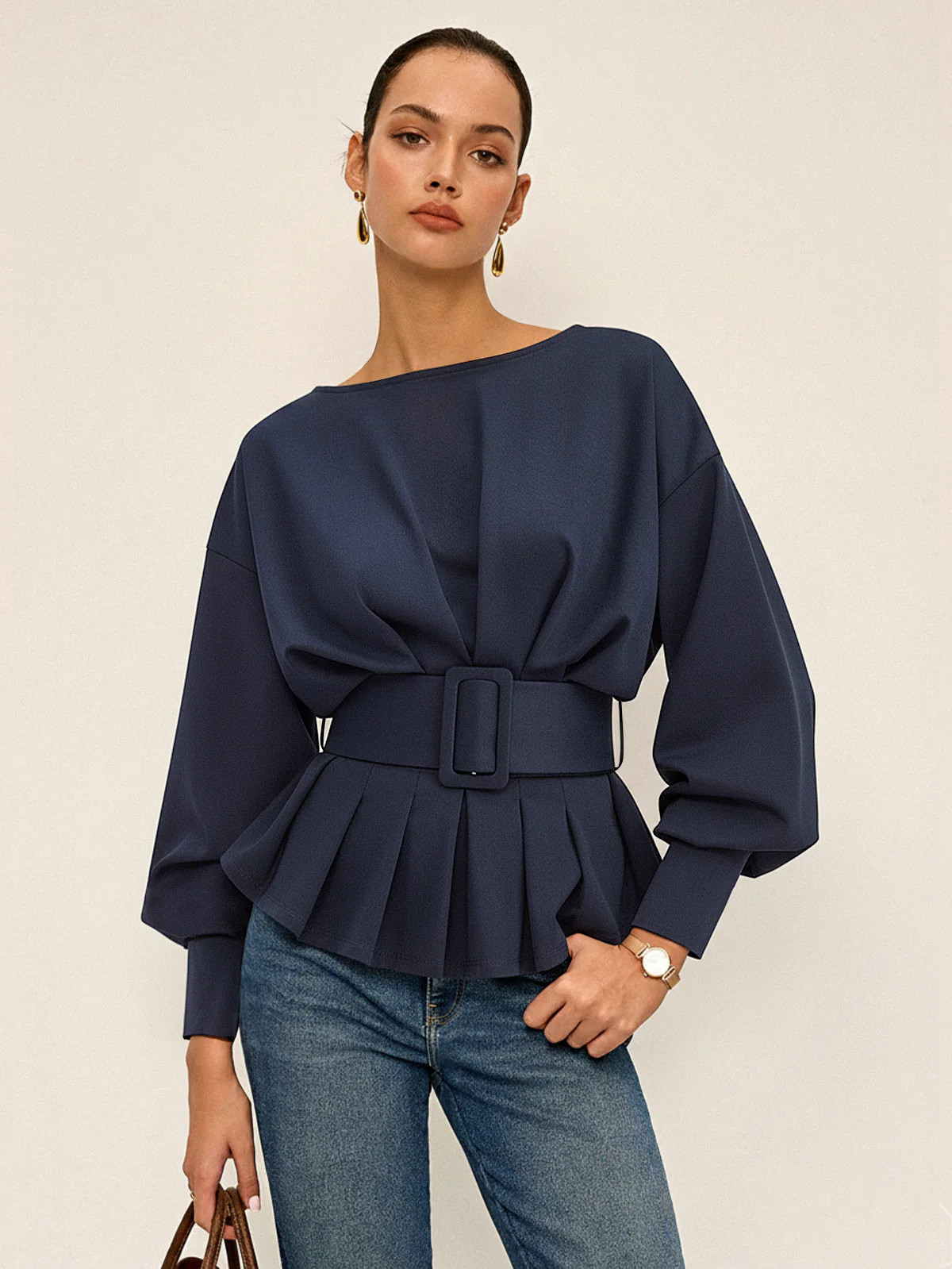 Boat Neck Peplum Sweatshirt with Wide Belt | Commense
