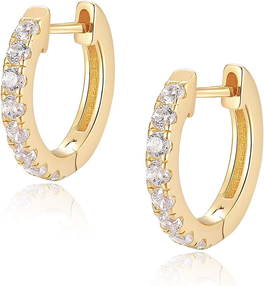 Jewlpire 925 Sterling Silver Huggie Hoop Earrings for Women Girls - 18K Gold Plated Diamond Cut AAAA | Amazon (US)