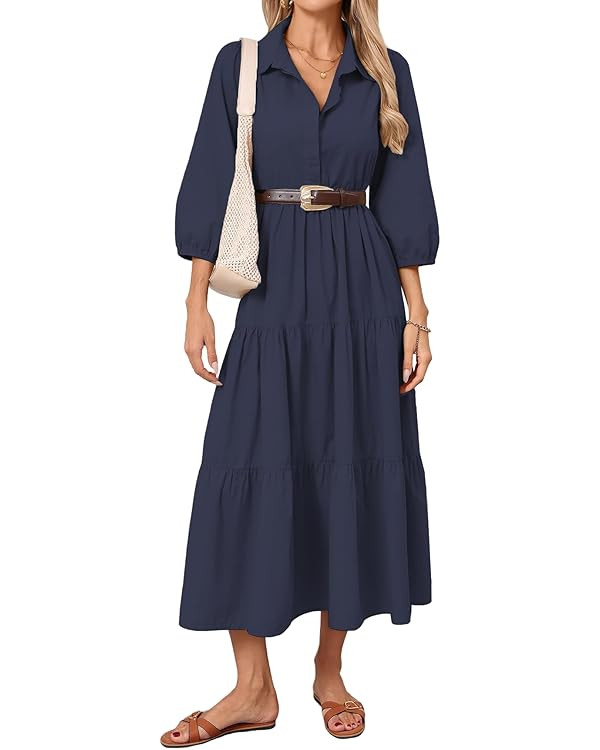Women Button Down Maxi Shirt Dress Long Sleeve Flowy Tiered Collared Dresses with Pockets | Amazon (US)
