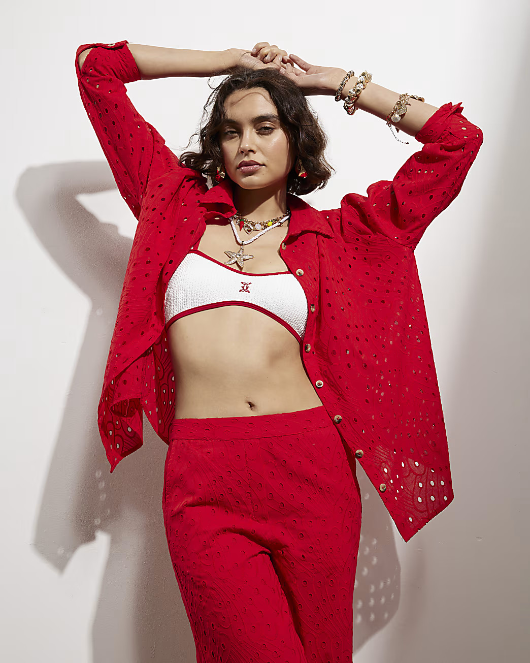 Red Long Sleeve Oversized Broderie Shirt | River Island UK & IE