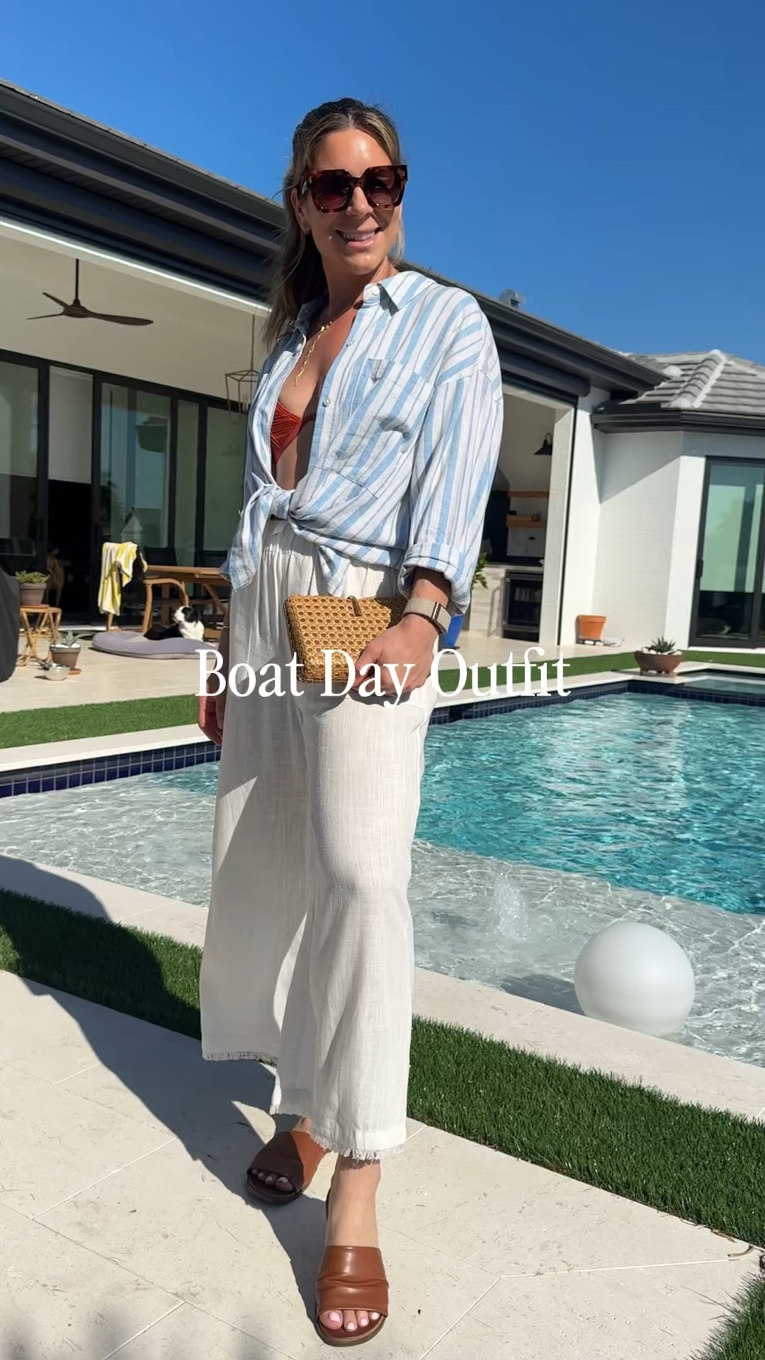 Sharing my boat day outfit recipe: light weight pants and top - plus gold accessories! 

Love my new @Zara purse for going into lunch 

Wearing a since SMALL in the bathing suit - this is perfect for a wide set low top bust girl (I’m a 32 C) 

Linking similar white pants gou can never go wrong with a pair of these in your closet. 

The top is a medium from @abercrombie I own it in a few color ways to make laying easy  