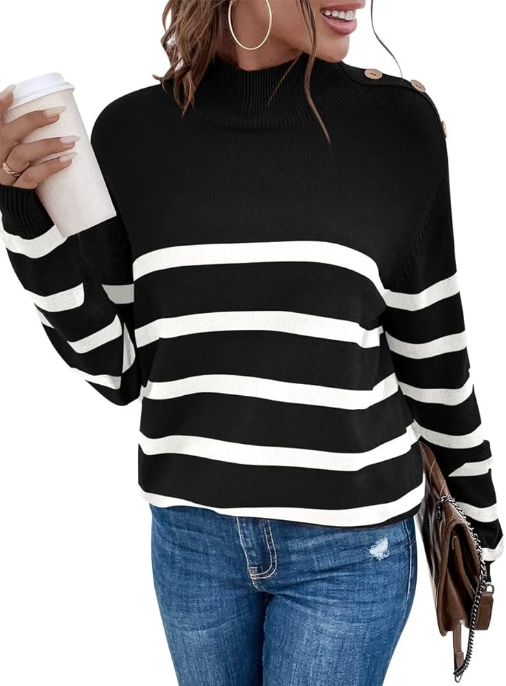 LONGYUAN Women Winter Turtle Necks Striped Knit Sweater Long Sleeve Pullover Casual Color Block S... | Amazon (US)
