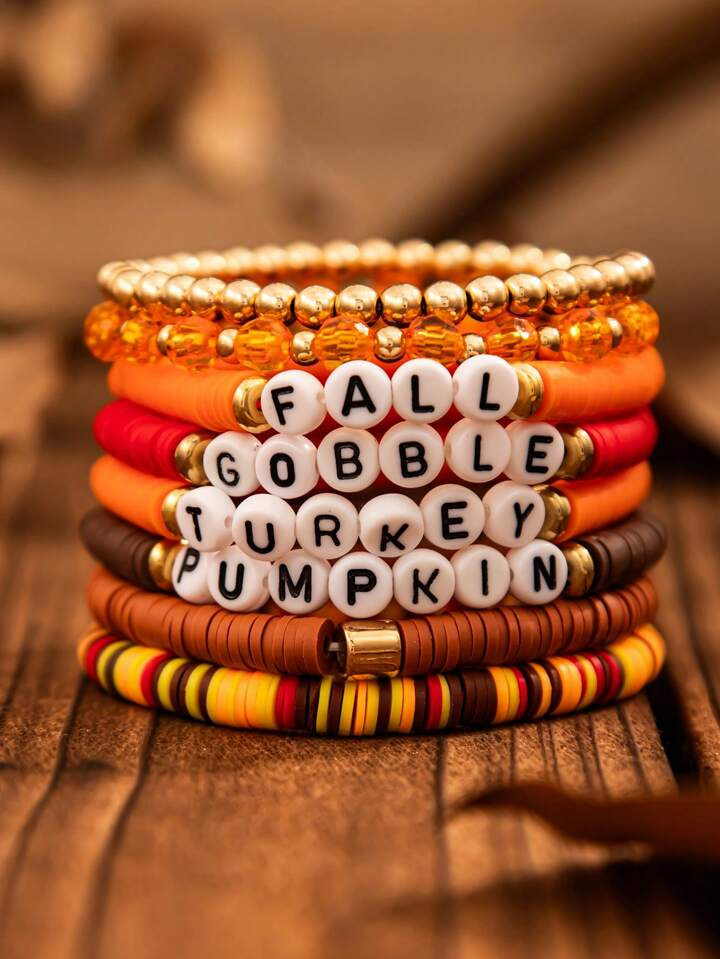 7/8pcs Set Minimalist Polymer Clay Pumpkin & Maple Leaf Beaded Bracelet, Multi-Layer Elastic Stac... | SHEIN