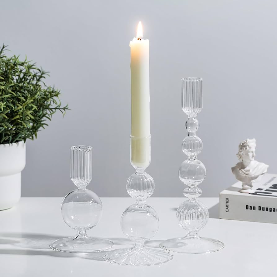 Glasseam Glass Candle Stick Holder: Clear Taper Candle Holders Set of 3 Modern Candlestick Holder... | Amazon (US)