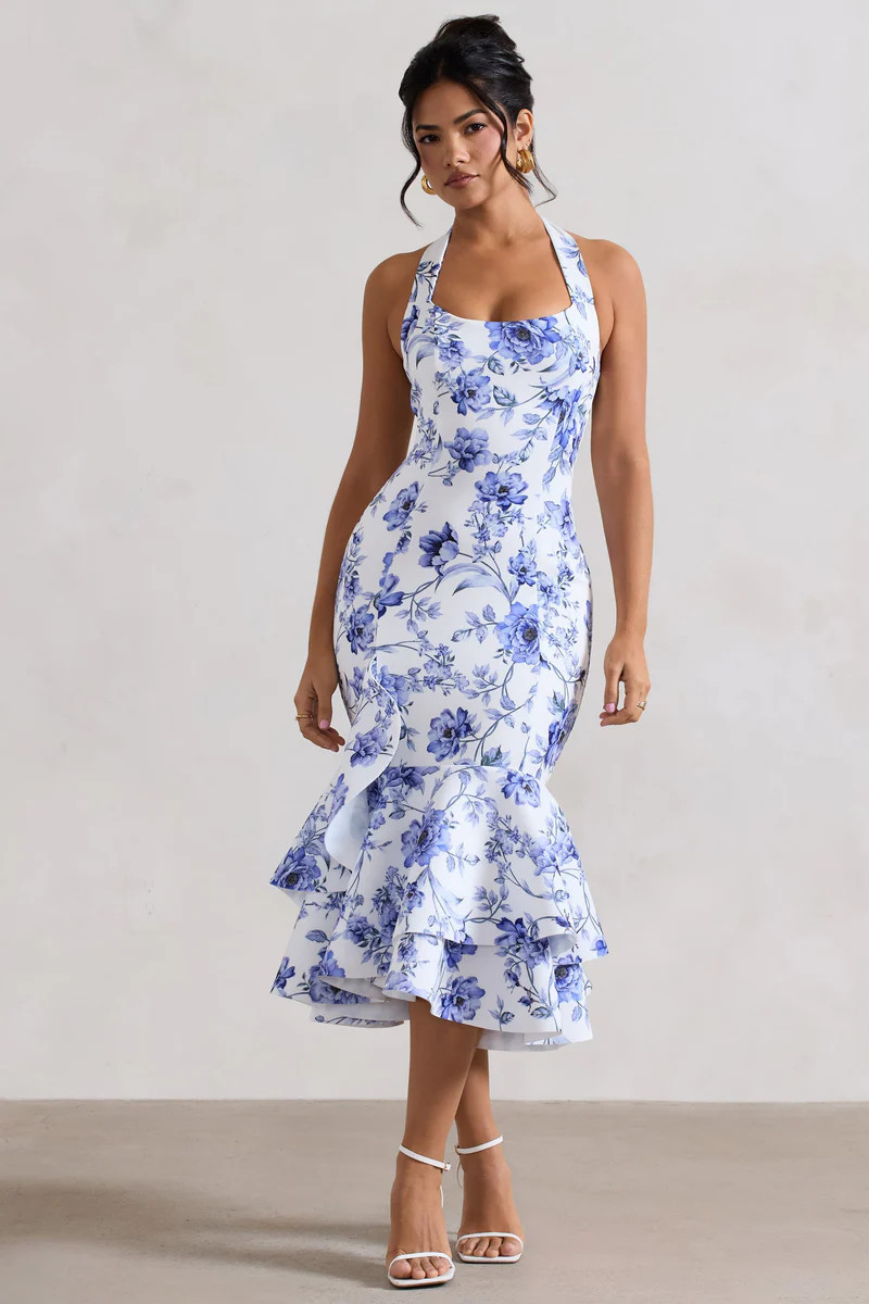 Arla  Blue Floral Halter-Neck Ruffle Trim Midi Dress | Club L London
