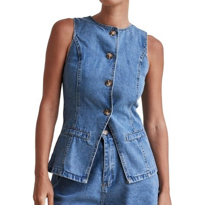 Women Sleeveless Denim Vest Button Down Waistcoat Vintage Jean Top with Pockets, Light Blue, L | Target