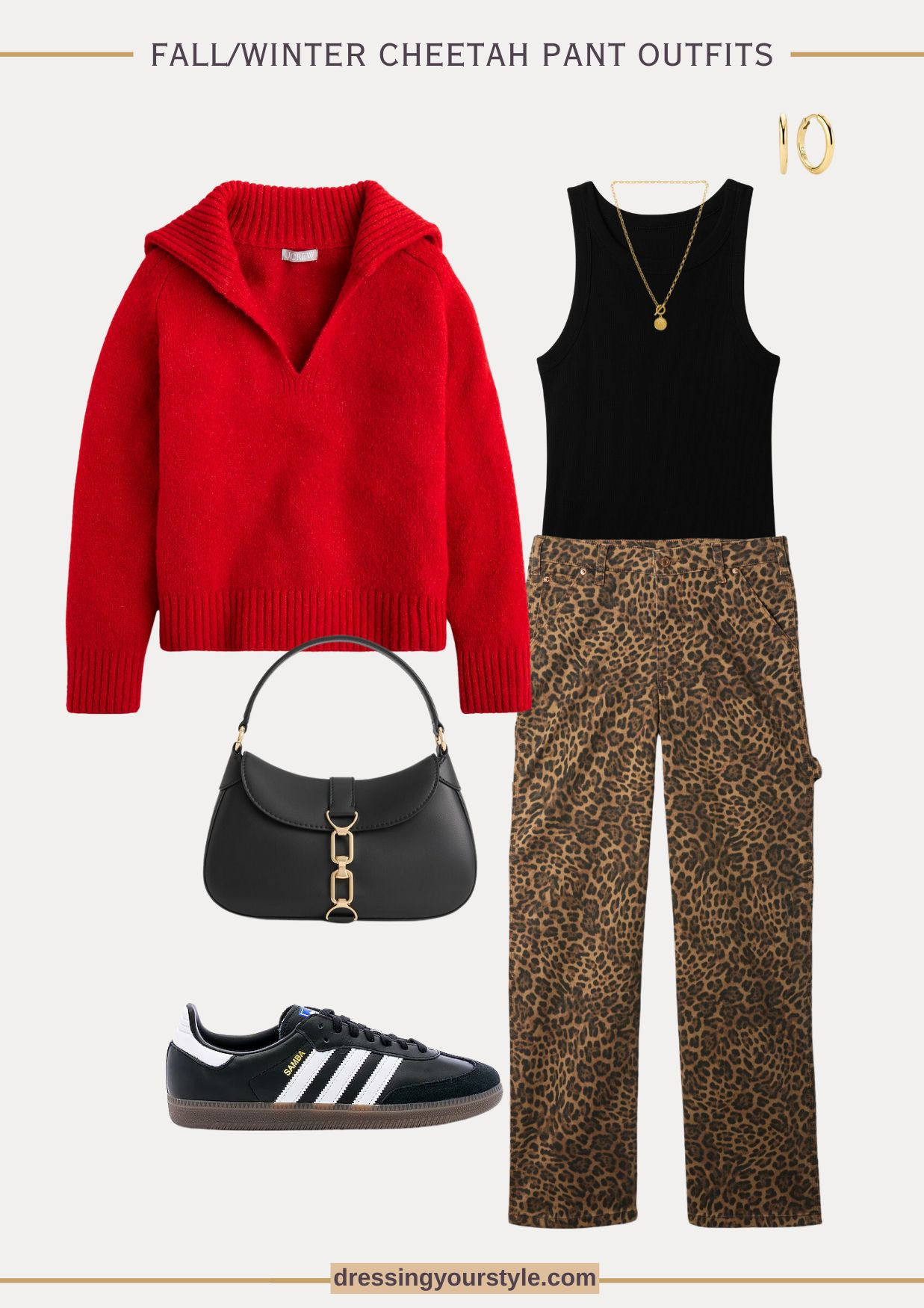 Fall outfit with leopard print pants, red sweater and black Adidas Sambas 

#LTKOver40 #LTKSeasonal