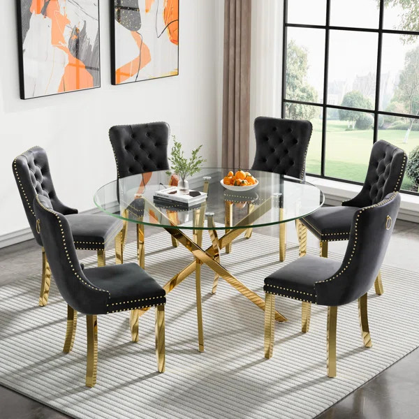 47.24" Gold Glass Dining Table Set, Modern Dining Room Table Set, Gold X-Shape Pedestal Glass DiningTable with Dining Chairs, Kitchen Dining Set for Dining Living Room | Wayfair North America