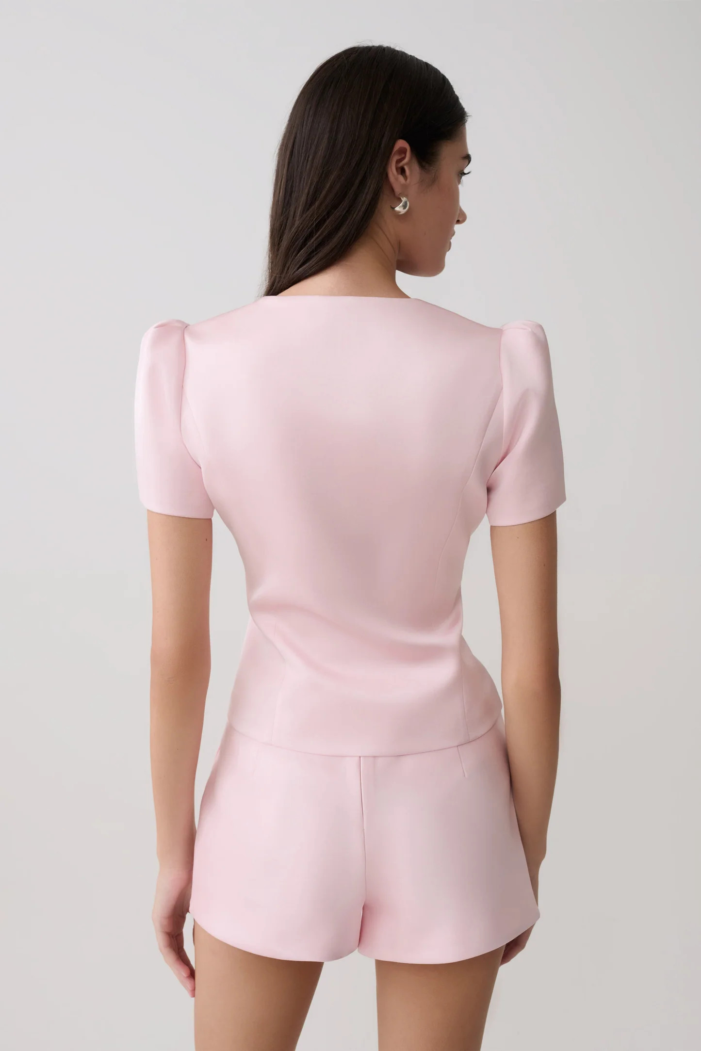 Anne Short Sleeve Satin Top - Pale Pink | Meshki UK