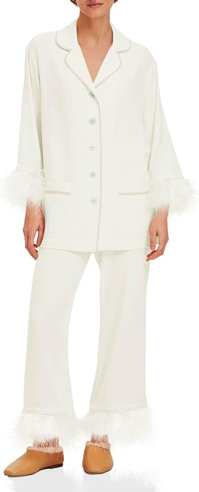 Tankaneo Womens Feather trim Pajama Sets Button Down Long Sleeve Tops Wide Leg Pants Pj Set Soft ... | Amazon (US)