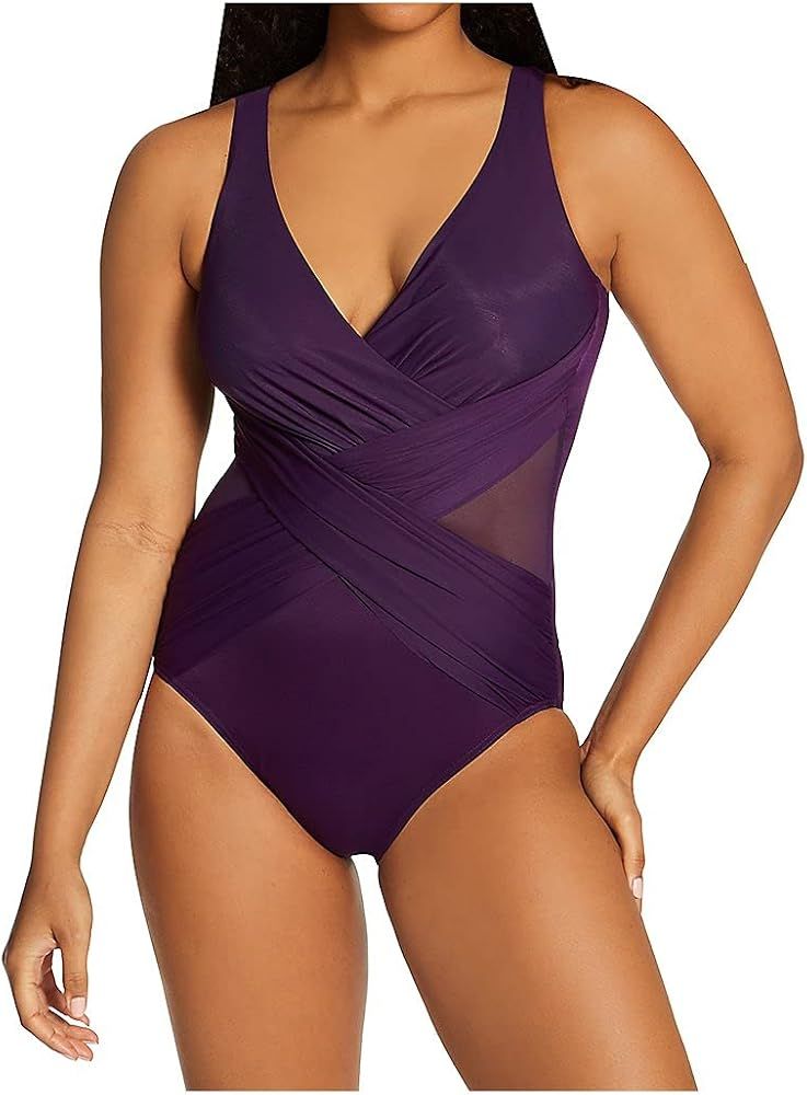 Miraclesuit Women's Swimwear Illusionists Crossover V-Neckline Soft Cup Tummy Control One Piece Swim | Amazon (US)
