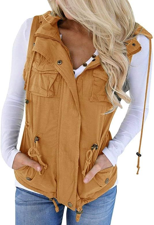 Soulomelody Womens Military Anorak Sleeveless Vest Safari Utility Drawstring Lightweight Hoodies ... | Amazon (US)