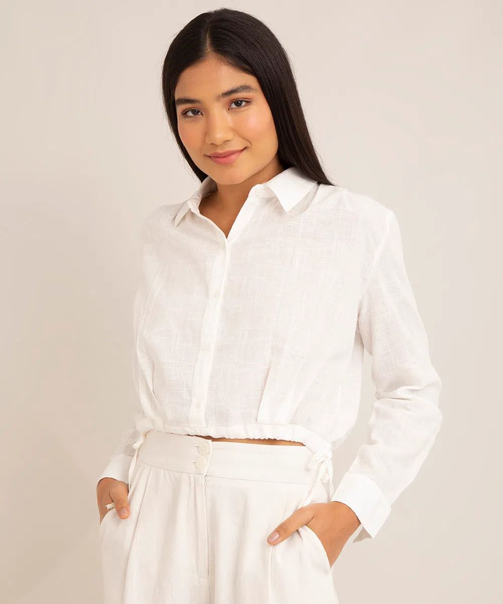 camisa cropped de algodão manga longa off white | C&A (BR)