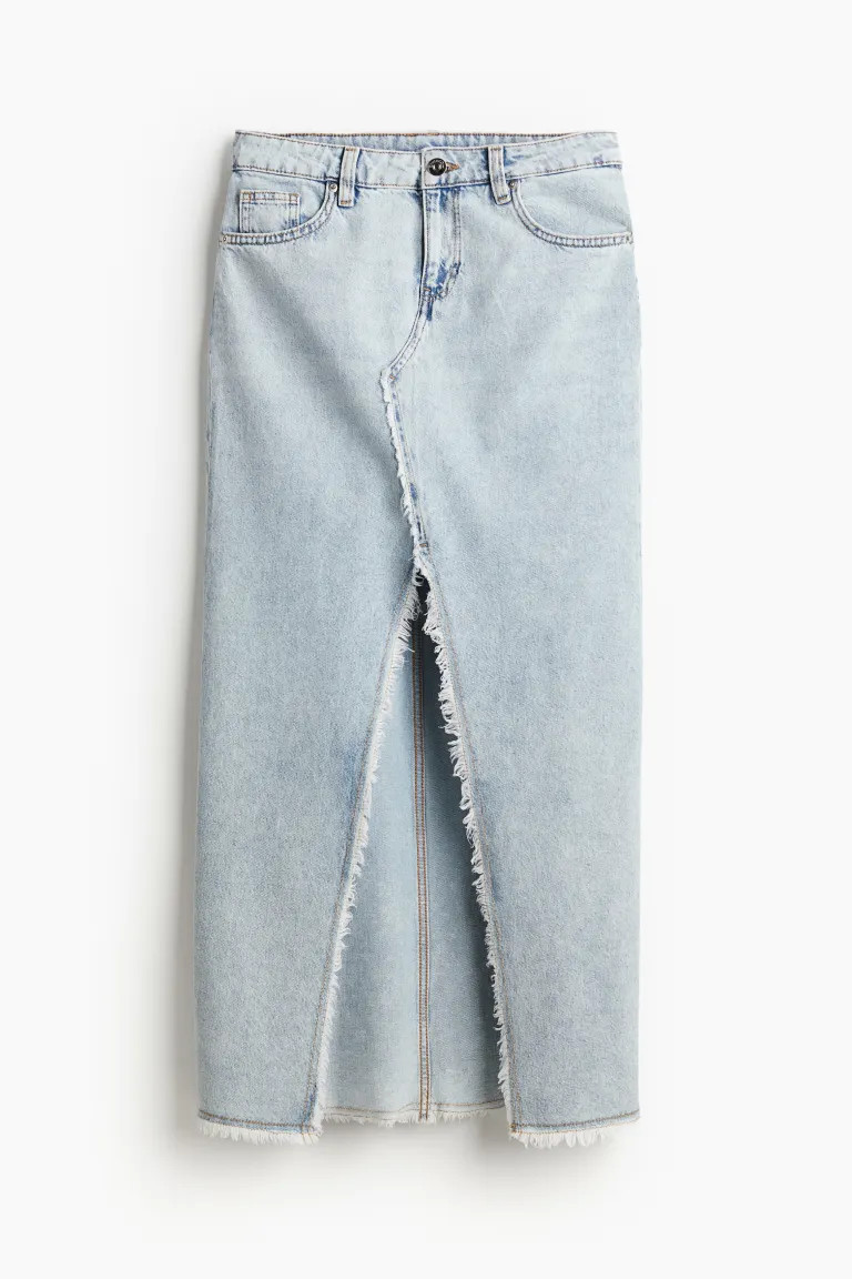 Frayed-edge denim skirt - Regular waist - Maxi - Light denim blue - Ladies | H&M GB | H&M (UK, MY, IN, SG, PH, TW, HK)