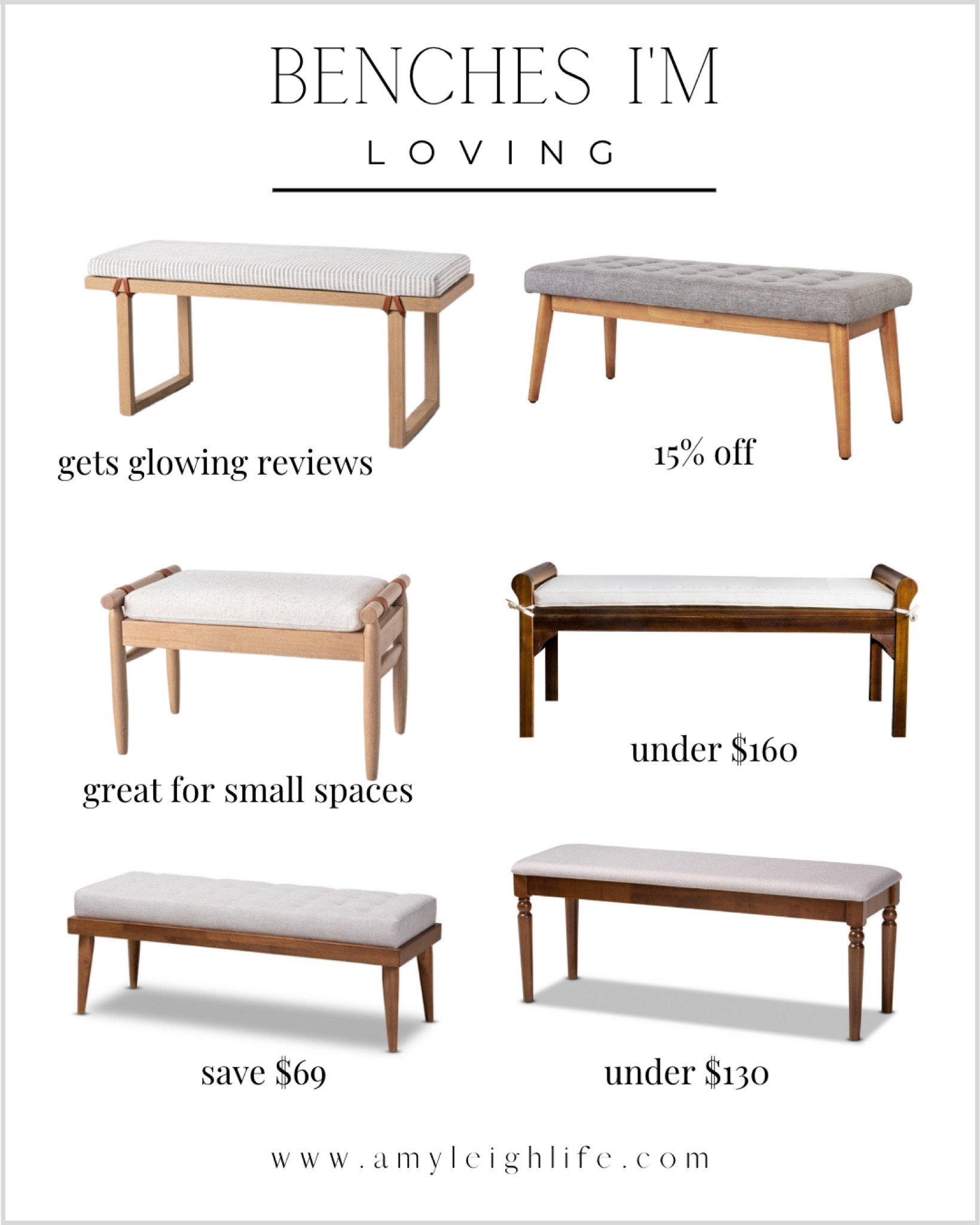 Benches I’m loving! (Some of these are currently on sale at the time of this post.)

Midcentury modern furniture, mid century modern furniture, upholstered bench, wood dining bench, carved legs, gray bench, walnut bench, classic furniture, classic bench, target finds, target home, target furniture, target decor, home decor, Christopher knight, sale alert, midcentury modern bench, benches on sale, entryway benches on sale, striped bench, magnolia home, hearth and hand, bench ottoman, Walmart finds, Walmart home, farmhouse furniture, tufted bench, bench bedroom, bed bench, entryway bench, wood bench, entry bench, entry way bench, hallway bench, hallway decor, entry decor, organic modern bench, Amy Leigh life

#LTKFind #LTKhome #LTKsalealert