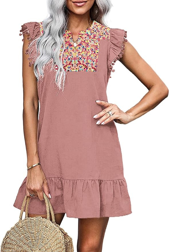 KIRUNDO 2023 Women's Summer Mini Dress Casual V Neck Floral Embroidered Ruffle Sleeveless Shift D... | Amazon (US)