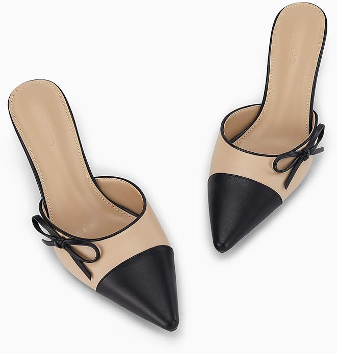 Coutgo Womens Bow Tie Mules Heels Two Tone Closed Pointed Toe Slip On Backless Wedding Dress Shoe... | Amazon (US)