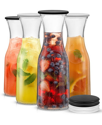 JoyJolt Hali Glass 35 oz Carafe Bottle Pitcher with 8 Lids, Set of 4 - Macy's | Macy's