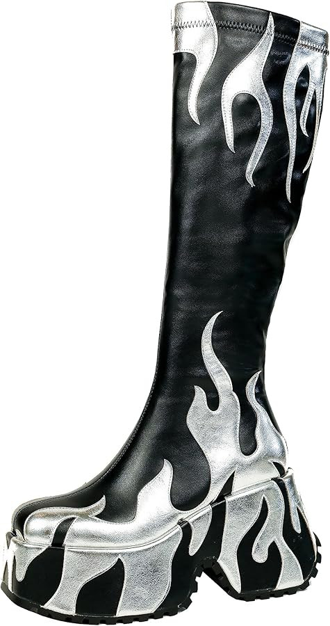 HiColor women’s side zipper high heeled silver Flames printing thick sole boots high boots roun... | Amazon (US)
