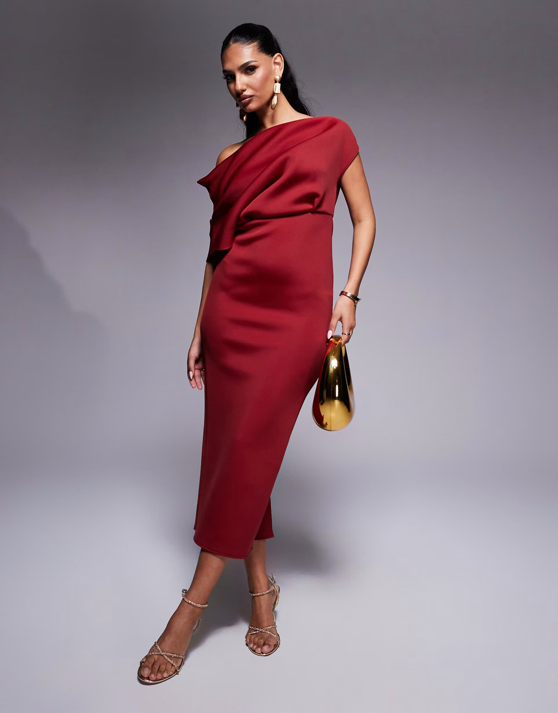 ASOS DESIGN dramatic neckline scuba midi dress in burgundy | ASOS (Global)