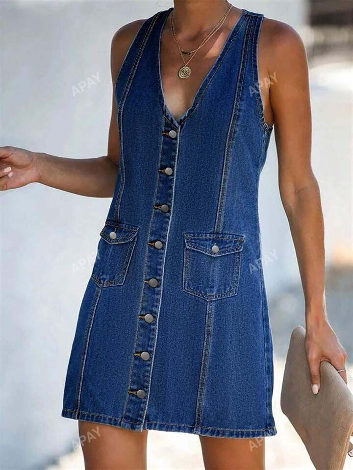 Button-Up Sleeveless Denim Dress | SHEIN