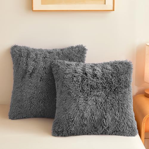 ERLOXO Plush Dark Grey Throw Pillow Cases Ultra Soft Fuzzy Fluffy Throw Pillow Covers with Furry Texture and Shaggy Touch, Faux Fur Cushion Shams for Sofa or Bed, Set of 2 with Zipper 18"x18" | Amazon (US)