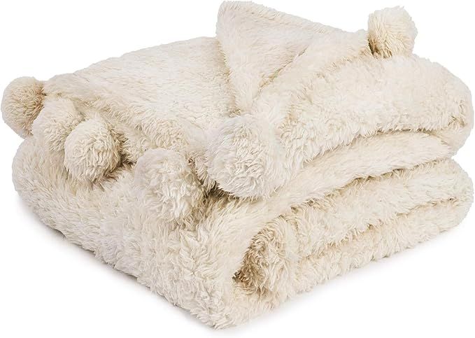 PAVILIA Ivory Cream Sherpa Twin Throw Blanket with Soft Pom Pom Fringe, Plush Cozy Warm Sherpa Bl... | Amazon (US)