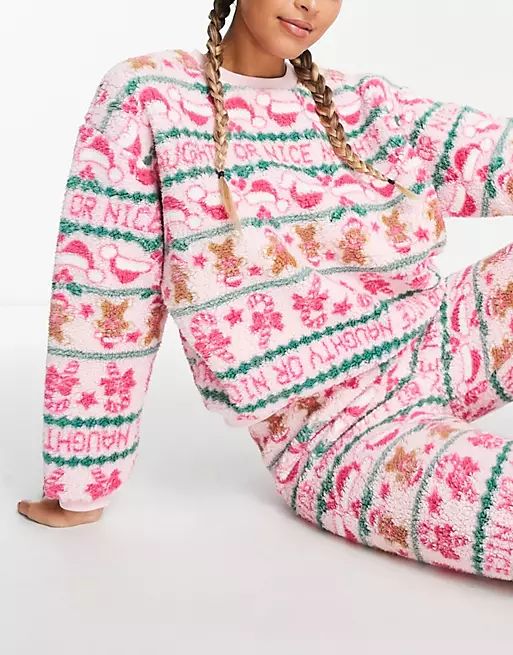 ASOS DESIGN Christmas lounge fairisle teddy sweatshirt & sweatpants in pink | ASOS (Global)