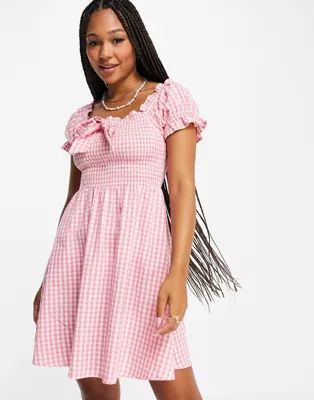 Influence of the shoulder mini dress in pink gingham | ASOS (Global)