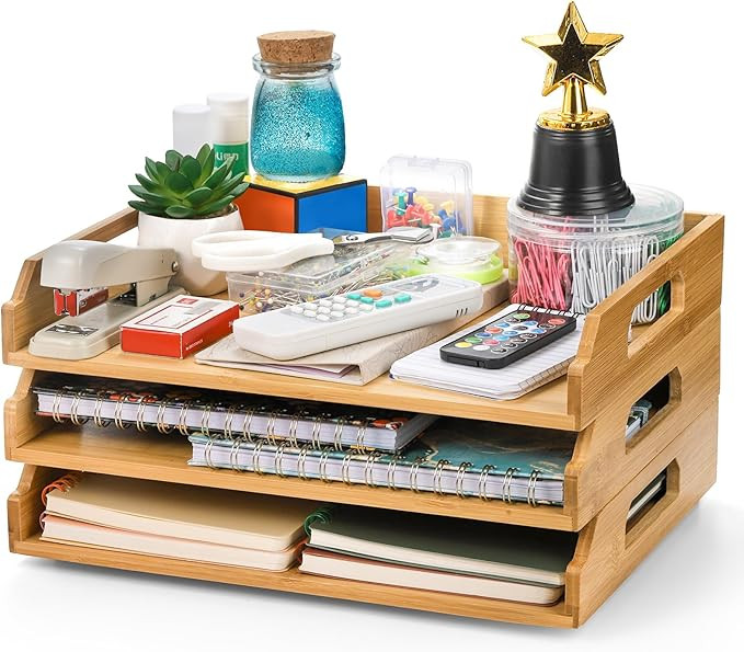Okllen 3 Pack Stackable Paper Trays, Bamboo Desk Letter Tray Set, 3 Tier File Document Organizer ... | Amazon (US)