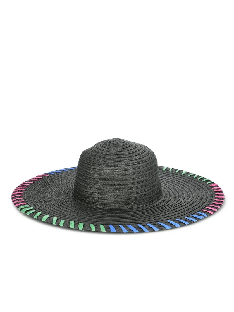 Time and Tru Women's Round Crown Straw Floppy with Whipstitching, One Size, Black | Walmart (US)