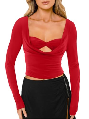 CSDAJIO Women's Sexy Draped Cowl Neck Long Sleeve Cut Out T Shirt Low Cut Fitted Top Ruched Going Out Shirts Red Medium | Amazon (US)