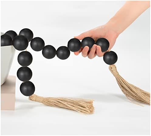 OMISHE Large Wood Bead Garland Black with 1.6" Diameter Wooden Beads and Tassels, 41" Long Rustic... | Amazon (US)