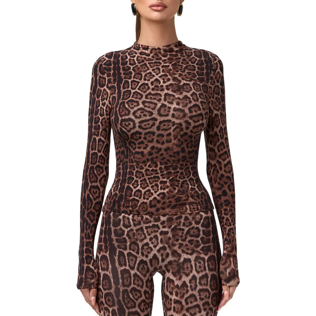Naked Wardrobe Print Turtleneck Top in Brown Leopard at Nordstrom, Size X-Large | Nordstrom