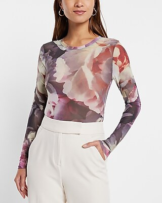 Printed Mesh Crew Neck Long Sleeve Thong Bodysuit | Express